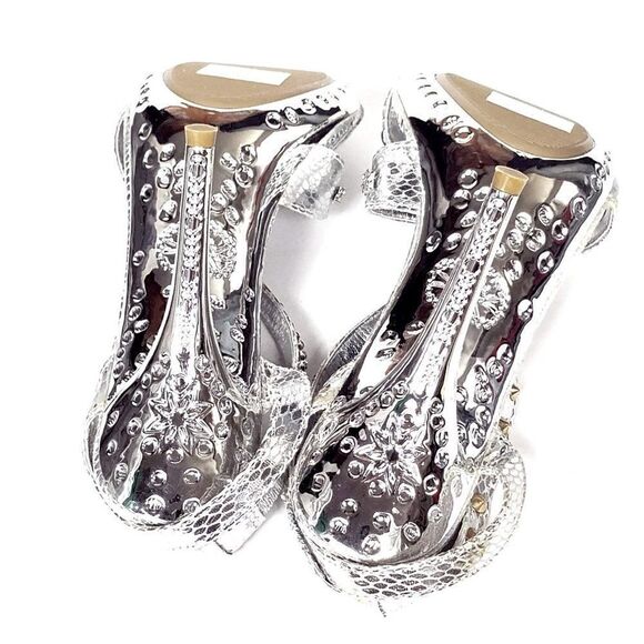NEW Celeste Metallic Silver Open Toe Studded Stiletto Heels Size 6.5 - Picture 5 of 7